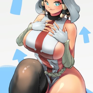 enen no shouboutai, fire force, arrow (fire force), gadthegod, spread legs, big legs, big breasts, female, female only, black socks, alternate costume, sideboob, hands on breasts, black hair, smile