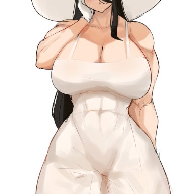 black hair, breasts, brown eyes, busty, cleavage, dress, female, gloves, hasshaku-sama, hat, large breasts, long hair, looking down, muscles, musctonk