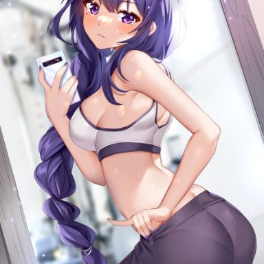 1girls, ass, beauty mark, big breasts, breasts, genshin impact, mirror, mirror selfie, mole, mole under eye, purple eyes, purple hair, raiden shogun, revealing clothes, selfie