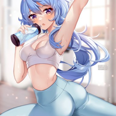 1girls, adeptus, ass, big breasts, blue hair, bra, breasts, exercise, ganyu (genshin impact), genshin impact, horns, purple eyes, qilin, revealing clothes, sports bra