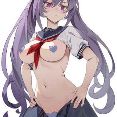 1girls, adult, big breasts, blush, breasts, cameltoe, genshin impact, heart censor, keqing (genshin impact), lifting shirt, midriff, navel, nipple bulge, purple eyes, purple hair