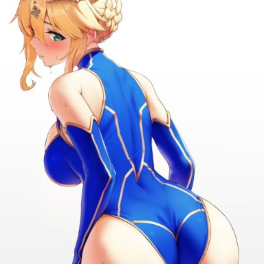 1girls, artoria pendragon, artoria pendragon (lancer), ass, bare shoulders, bent over, big ass, big butt, blonde hair, blue leotard, blush, braid, breasts, crown, detached sleeves