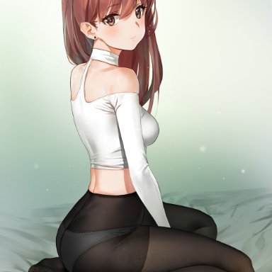 artist name, ass, back, bare shoulders, bed, bed sheet, bent knees, black legwear, blush, breasts, brown eyes, brown hair, closed mouth, clothing cutout, crop top