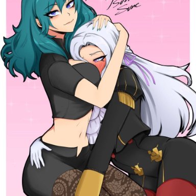 2girls, bare midriff, between breasts, blue eyes, blush, breast smother, byleth (fire emblem), byleth (fire emblem) (female), cleavage cutout, edelgard von hresvelg, embarrassed, female only, fire emblem, fire emblem: three houses, garreg mach monastery uniform