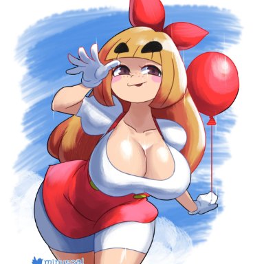 1girls, 2021, absurd res, aged up, artist name, balloon, blonde hair, blue background, booty shorts, bow, breasts, brown eyes, cleavage, clothed, clothing