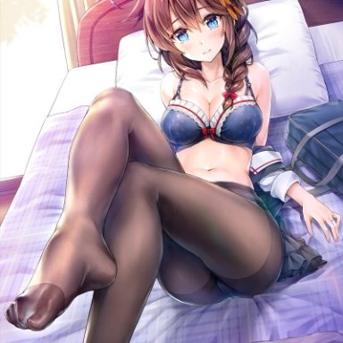 3:, ahoge, ass, bag, bangs, bed, black legwear, blue bra, blue eyes, blue underwear, blush, bra, braid, breasts, brown hair