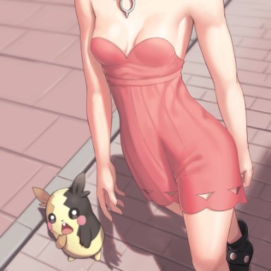 bare arms, bare shoulders, black choker, black footwear, black hair, breasts, choker, clavicle, cleavage, collar, creatures inc., day, dress, female, game freak