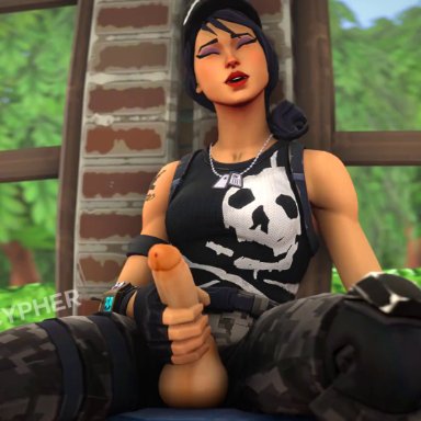 1futa, 3d, animated, balls, black clothes, black clothing, black hair, black shirt, clothed, clothed futanari, clothing, cypher (artist), dog tags, epic games, eyes closed