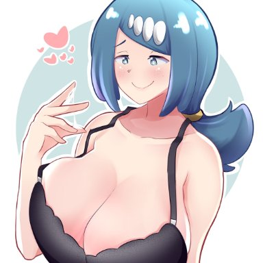 1girls, big breasts, blue eyes, blue hair, blush, bra, breasts, female, hearts, lana's mother (pokemon), large breasts, long hair, mature female, milf, nikasubsia