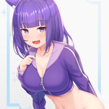 1girls, blush, bottomless, braid, breasts, cat ears, catgirl, cleavage, cute, fang, female, genshin impact, jacket, large breasts, navel