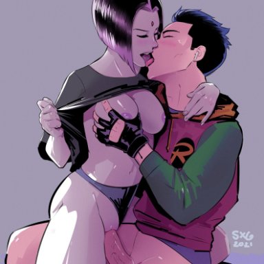 1boy, 1girls, dc, dc comics, french kiss, french kissing, groping, groping breasts, kissing, light-skinned female, light-skinned male, light skin, rachel roth, raven, raven (dc)