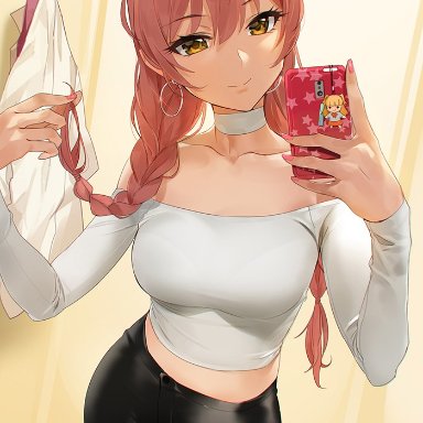 bangs, bare shoulders, black pants, blonde hair, bra, bra visible through clothes, braid, bralines, breast ripple, breasts, cellphone, choker, chromatic aberration, clavicle, closed mouth