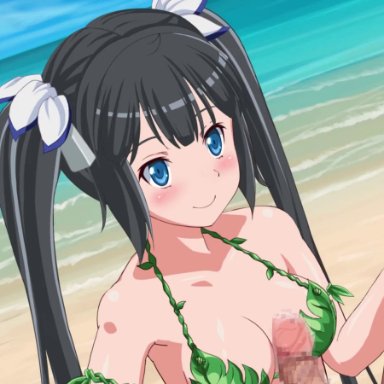 1girls, animated, beach, black hair, blue eyes, breasts, censored, cum, dungeon ni deai wo motomeru no wa machigatteiru darou ka, ejaculation, female, handjob, hestia (danmachi), long hair, miracan