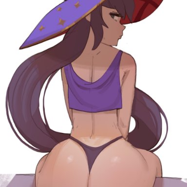 1girls, ass, big ass, big butt, eye contact, female, genshin impact, hat, large ass, looking at viewer, looking back, mona (genshin impact), nicedrawingman, sitting, thick ass