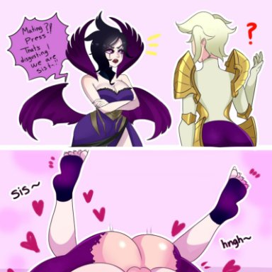 1futa, 1girl, ass, black hair, blonde hair, clothed, female, futa on female, incest, instant loss 2koma, kayle, league of legends, legs up, mating press, morgana