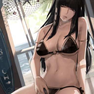 1girls, alternate costume, bangs, bare shoulders, beach, bikini, black bikini, black eyes, black hair, black swimsuit, blunt bangs, breasts, cleavage, collarbone, female