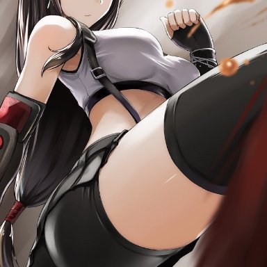 ass, black skirt, blurry foreground, breast ripple, breasts, earrings, elbow pads, female, final fantasy, final fantasy vii, final fantasy vii remake, fingerless gloves, gloves, gradient, gradient background