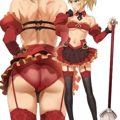 alternative costume, angry, apron, ass, back, bare shoulders, black legwear, blonde hair, blush, breasts, broom, clothing, collaboration, comiket 94, detached collar