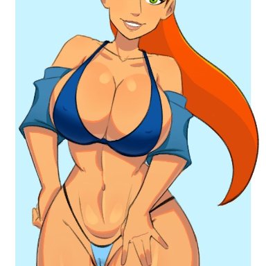 1girls, alternate version available, ben 10, bikini, breasts, cameltoe, cleavage, donchibi, female, female only, green eyes, grin, gwen tennyson, hand on hip, hourglass figure