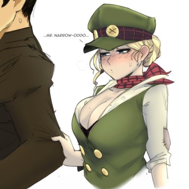 1boy, 1girls, big breasts, blush, breasts, cleavage, dai gyakuten saiban, female, gina lestrade, gyakuten saiban, krekk0v, male, ryunosuke naruhodo, shy, sweatdrop