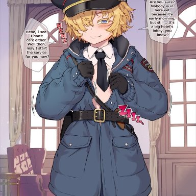 black thighhighs, blonde hair, blue eyes, blush, exhibitionism, femboy, gloves, jacket, messy hair, military uniform, necktie, petite, police uniform, prostitution, sharp teeth