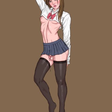 1boy, 2019, alternate version available, arm up, asian, black legwear, black stockings, brown background, brown hair, crossdressing, eyebrows, eyelashes, femboy, girly, legwear