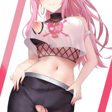 blush, eyebrows visible through hair, fishnets, hololive, hololive english, mori calliope, nipples, pink hair, ponytail, pussy, red eyes, ru zhai, simple background, tight pants, torn clothes