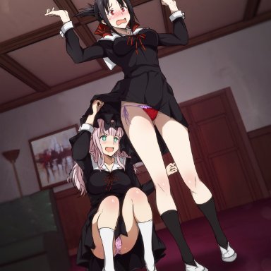 ///, 2girls, :d, archway of venus, arms up, assisted exposure, bangs, black dress, black hair, black legwear, blue eyes, blunt bangs, blush, breasts, chikaguya