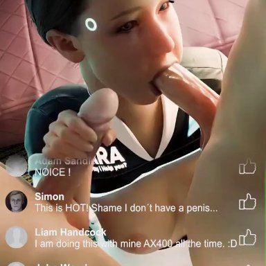 1girls, 2boys, 3d, animated, blowjob, bouncing breasts, breasts, britishkass, detroit: become human, english text, evilaudio, fellatio, female, handjob, kara (detroit: become human)