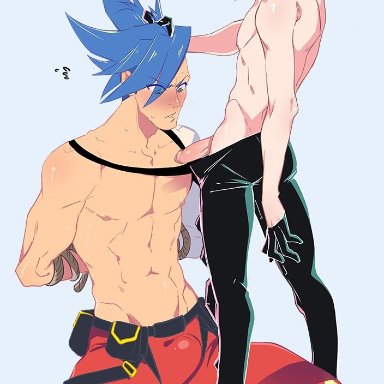 2boys, arms behind back, arms tied, blue hair, bondage, boner, clothing, english text, erection, erection under clothes, femboy, galo thymos, gay, genitals, green hair