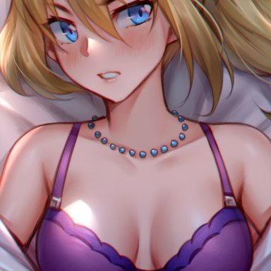 1girls, bangs, bare shoulders, bed, bedsheets, blonde hair, blue eyes, blush, cleavage, hair scrunchie, hayasaka ai, hua-j, kaguya-sama wa kokurasetai ~tensai-tachi no renai zunousen~, lipstick, necklace