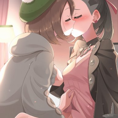 2girls, bangs, black choker, black hair, black jacket, blush, brown hair, cardigan, choker, closed eyes, clothes lift, commentary request, creatures (company), dress, dress lift