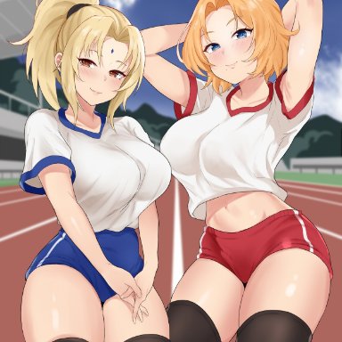 2girls, arms behind back, arms behind head, arms up, beauty mark, big breasts, black legwear, bleach, blonde hair, blue eyes, blush, bob cut, booty shorts, breasts, brown eyes