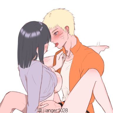 1boy, 1girls, after kiss, big breasts, black hair, blonde hair, blush, boruto: naruto next generations, bottomless, breasts, canon couple, clothed sex, full face blush, half-dressed, husband and wife