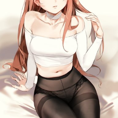 arm behind back, arm support, bangs, bare shoulders, bed, black legwear, black pantyhose, breasts, brown eyes, brown hair, choker, clavicle, crop top, cropped shirt, crotch seam