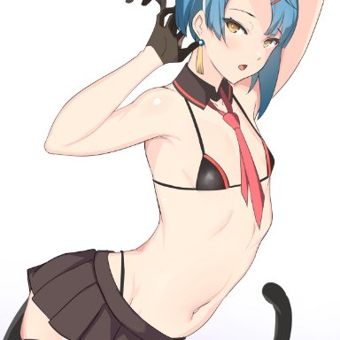 1boy, balls, big penis, cat ears, censored, eye contact, fake animal ears, femboy, genshin impact, girly, gloves, heart censor, looking at viewer, male, micro bikini