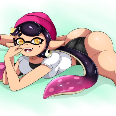 16:9, 1girls, ass, athletic, athletic female, beanie, big ass, big breasts, black bra, black hair, black shorts, bra, breasts, bubble butt, callie (splatoon)