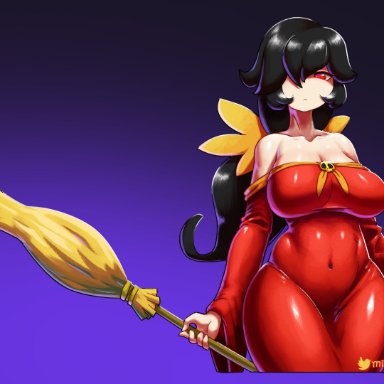 1girls, absurd res, aged up, artist name, ashley (warioware), bare shoulders, black hair, bow, breasts, broom, button eyes, cleavage, clothing, covered navel, dress