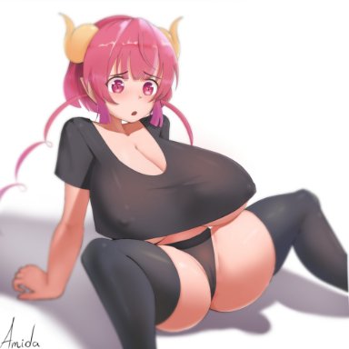 1girls, amida, big breasts, breasts, cameltoe, female, horns, huge breasts, ilulu (dragon maid), large breasts, miss kobayashi's dragon maid, monster girl, nipple bulge, panties, red hair