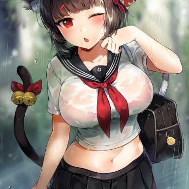 animal ear fluff, animal ears, anthropomorphization, azur lane, bag, bangs, bell, black hair, black sailor collar, black skirt, blunt bangs, blush, bra, bra visible through clothes, breasts