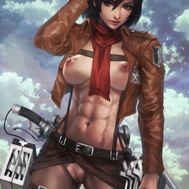 abs, attack on titan, belt, black hair, breasts, female, gear, grey eyes, leather jacket, looking at viewer, mikasa ackerman, monorirogue, nipples, open clothes, pussy