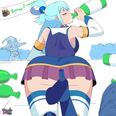 1girls, aqua (konosuba), ass, bare shoulders, belch, belly expansion, big ass, big breasts, blue eyes, blue hair, blue heels, blush, breasts, deity, dr-worm