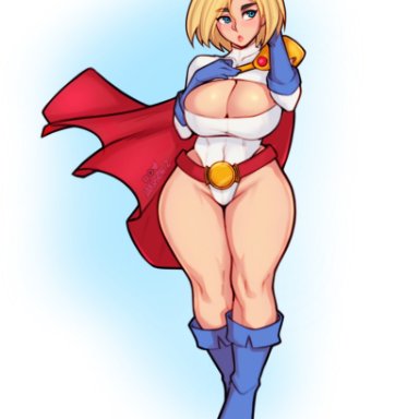 1girls, big breasts, breasts, cleavage, dc, female, female only, jakuson z, karen starr, large breasts, power girl, solo, thick thighs, wide hips