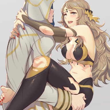 1boy, 1girls, absurdres, ahoge, armpits, bangs, bare shoulders, blonde hair, bridal gauntlets, circlet, commission, feet, female, fire emblem, fire emblem fates