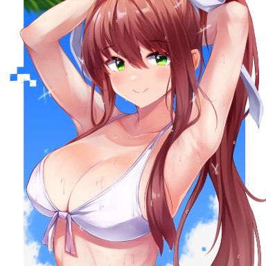 arms behind head, artist request, bikini, doki doki literature club, female, front-tie bikini, green eyes, large breasts, long hair, looking at viewer, monika (doki doki literature club), ribbon, smile, swimsuit, wet