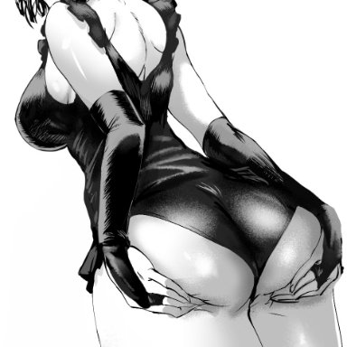 1girls, ass, ass grab, big ass, big breasts, big butt, breasts, clothed, clothing, female, from behind, fubuki (one-punch man), greyscale, looking at viewer, looking back