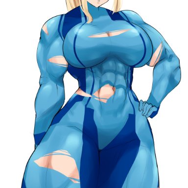 blonde hair, breasts, busty, female, large breasts, metroid, muscles, musctonk, muscular female, muscular thighs, nintendo, ponytail, samus aran, solo, thick thighs