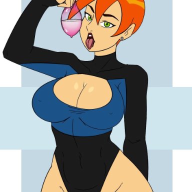 1girls, ben 10, boob window, breasts, cartoon network, cleavage, cleavage cutout, clothed, donchibi, earrings, female, female only, filled condom, future gwen, green eyes