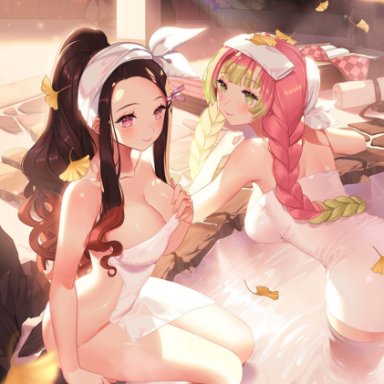 2girls, aged up, bangs, bathing, bent over, big breasts, braided hair, cleavage, curly hair, dark hair, demon slayer, detailed background, female, female only, green eyes