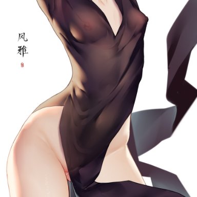 arms up, ass visible through thighs, black dress, breasts, censored, collarbone, contrapposto, covered nipples, cowboy shot, da mao banlangen, dress, female, green hair, head out of frame, highres